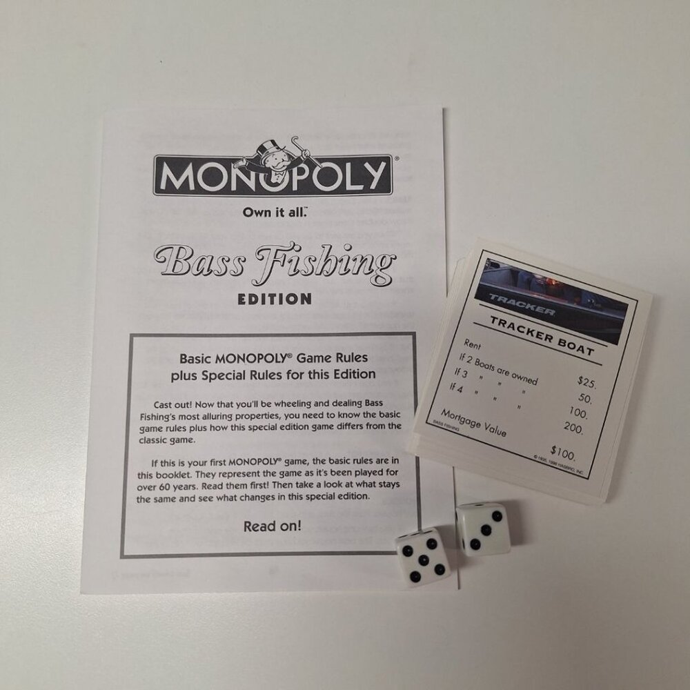 1998 Bass Fishing Monopoly Game Replacement Pieces Vintage Property Deeds Dice